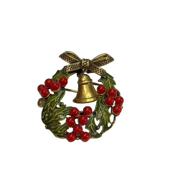 Weiss Jewelry - Vintage Weiss Enamel Wreath Golden Bell Christamas Brooch